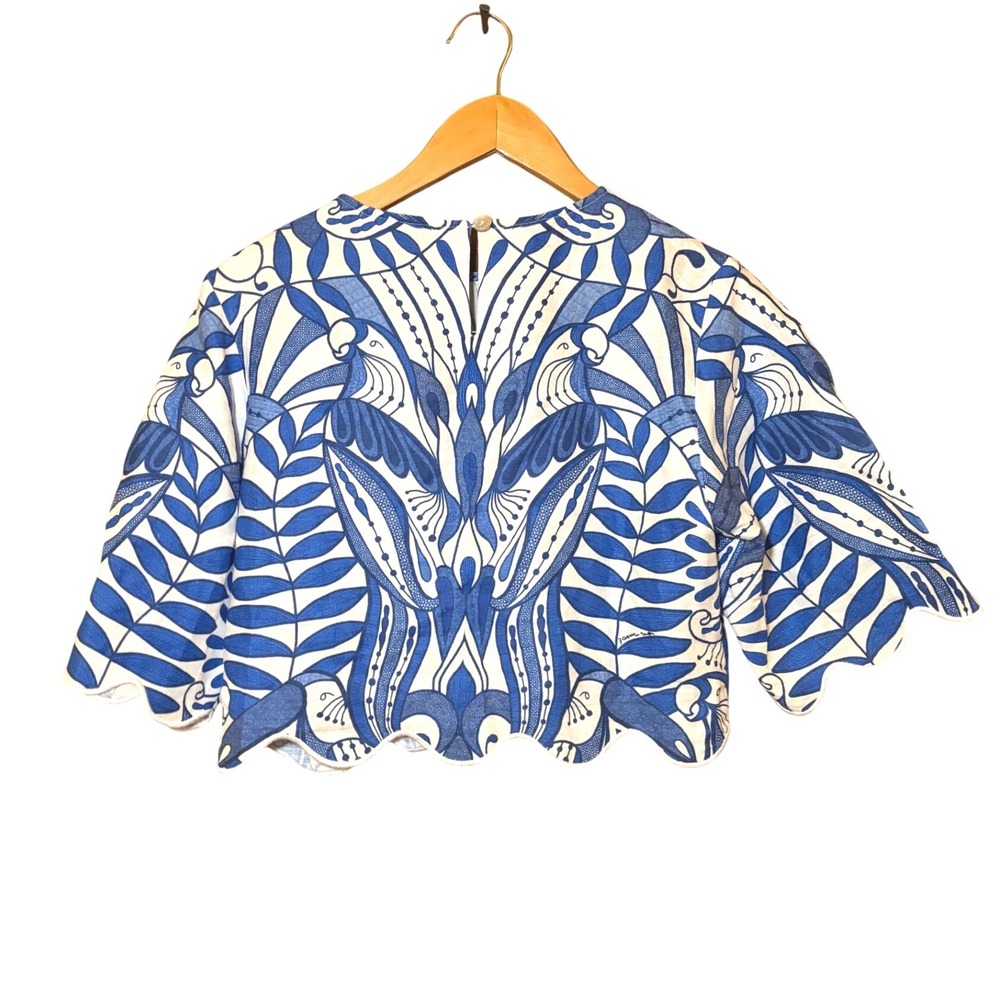 Farm Rio Lace Nature Blouse Blue Scalloped Linen Crop Top S NWT - Picture 9 of 16